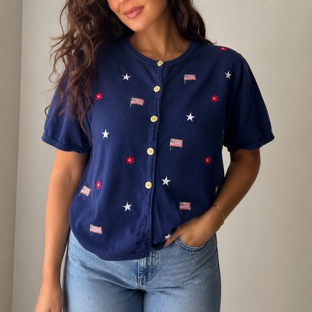 Vintage Patriotic Embroidered Flag & Star Knit Cardigan Sweater